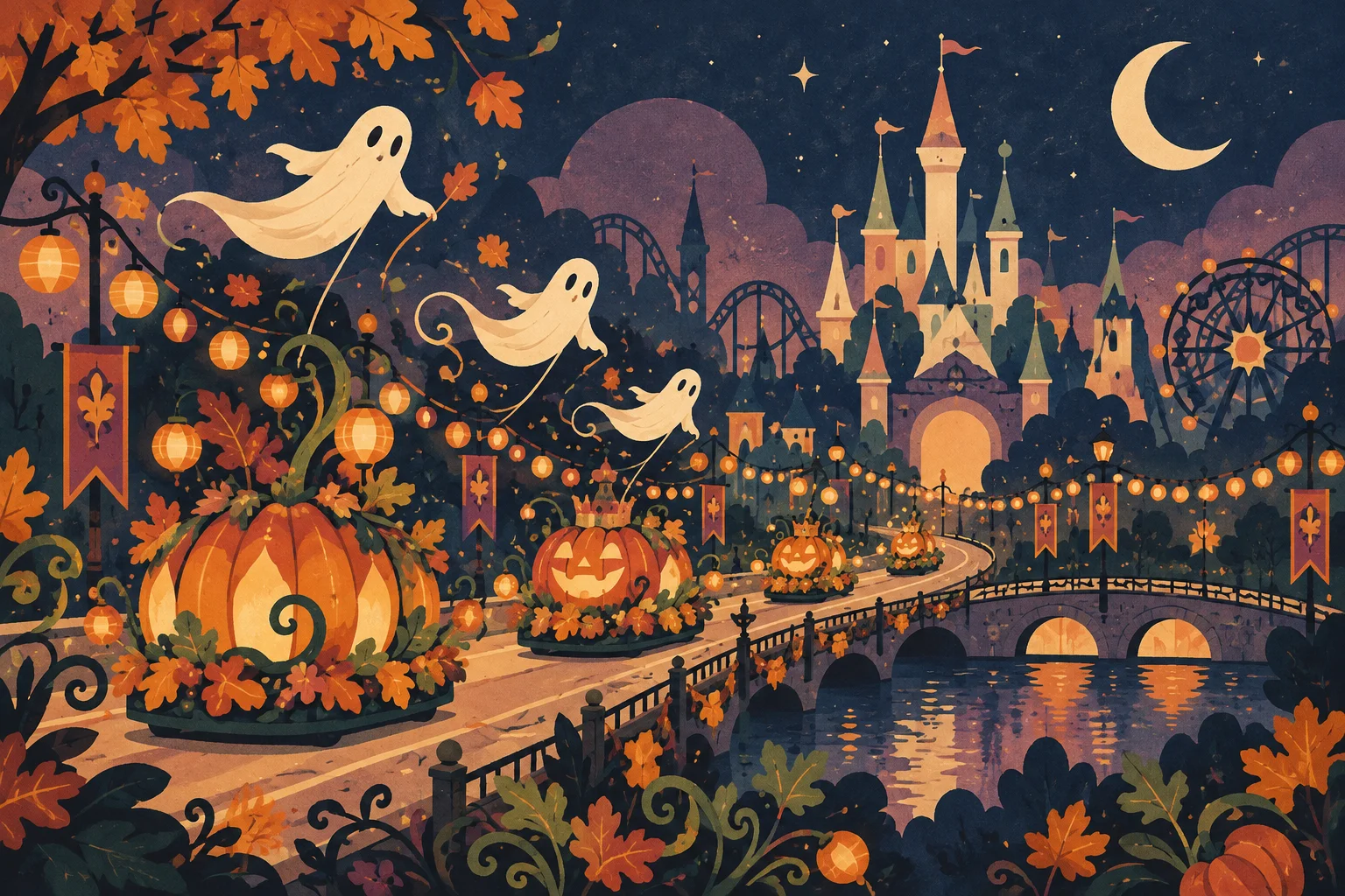Ilustración conceptual generada por IA: Halloween 2026 en Disneyland Paris: fechas y programa anunciados. No representa una escena real.