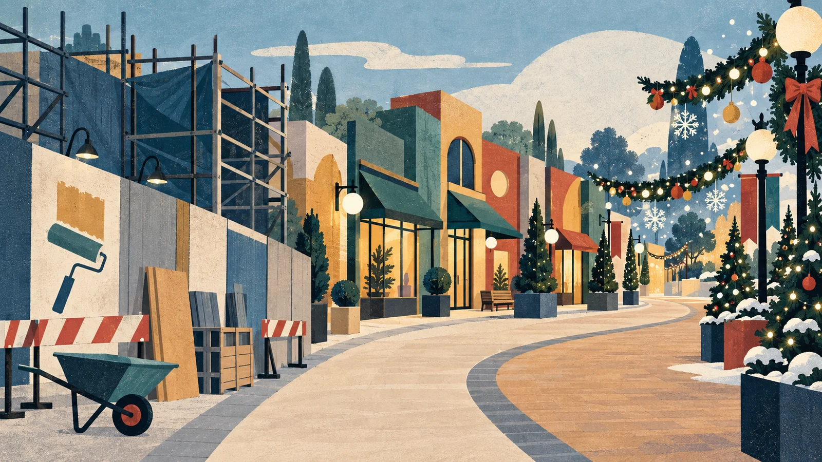 Concept illustration of an imaginary shopping street with facade work and Christmas decorations.