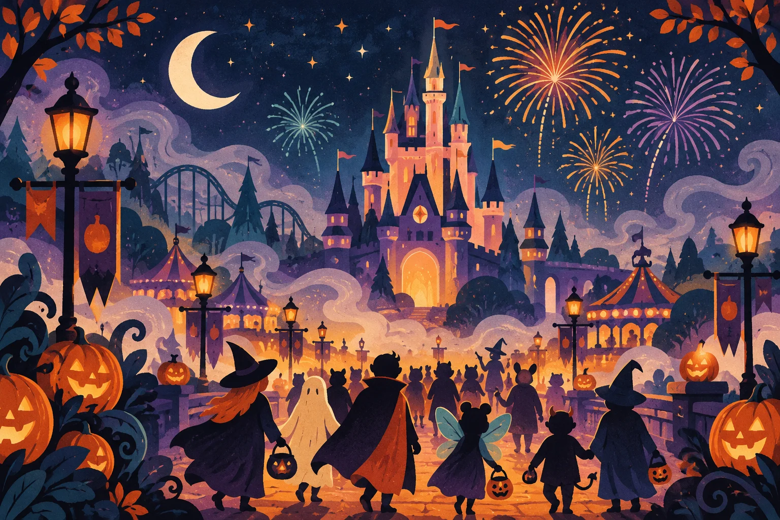 Ilustración conceptual generada por IA: Halloween en Disneyland Paris, qué esperar el 31 de octubre de 2026. No representa una escena real.