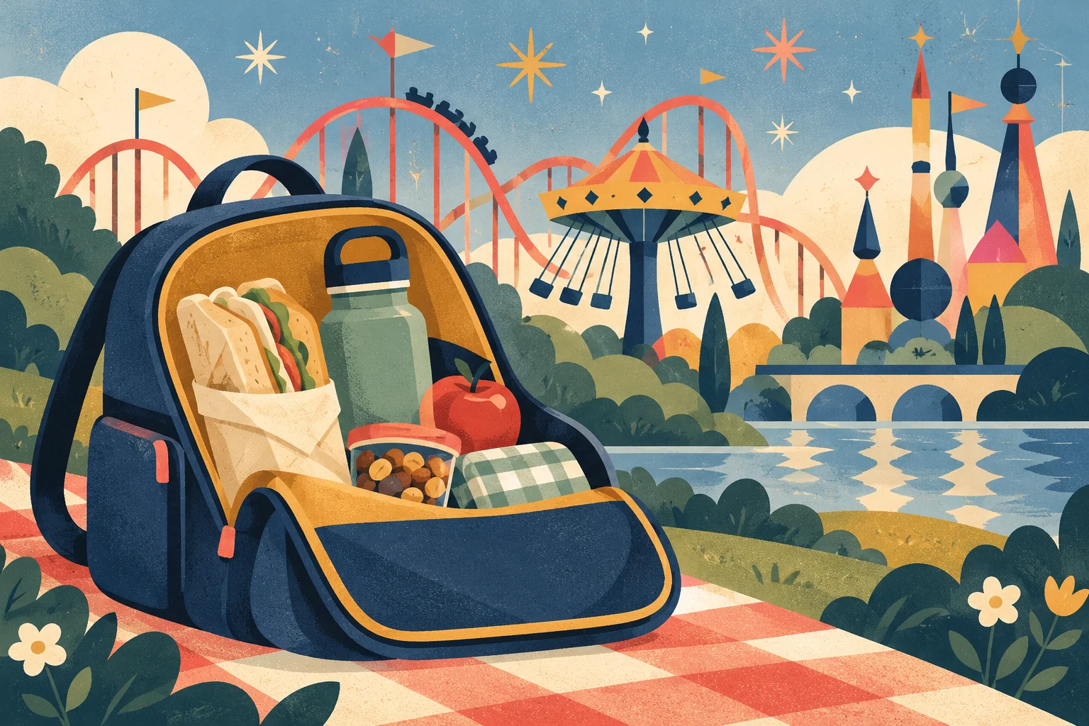 KI-generierte konzeptionelle Illustration: Picknick im Disneyland Paris: Was Sie wirklich mitbringen dürfen. Zeigt keine reale Szene.