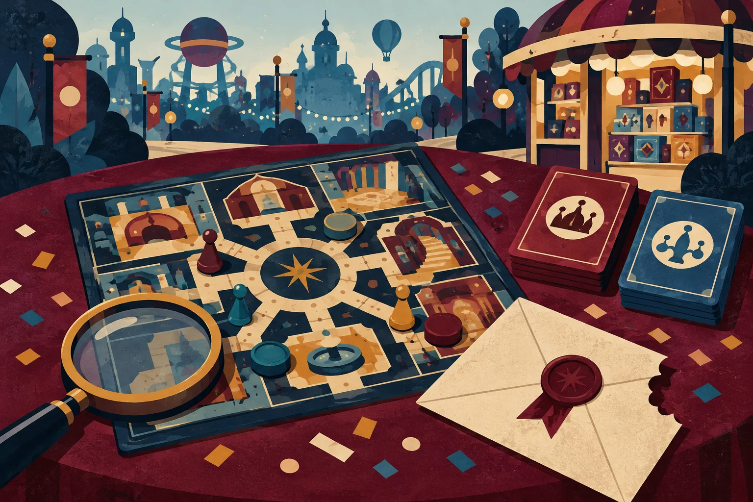 Ilustración conceptual generada por IA: Cluedo llega a Disneyland Paris el 17 de octubre: dónde encontrarlo primero. No representa una escena real.