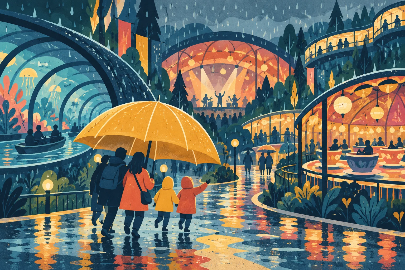 Illustrazione concettuale generata dall’IA: Disneyland Paris sotto la pioggia, come salvare la giornata. Non rappresenta una scena reale.