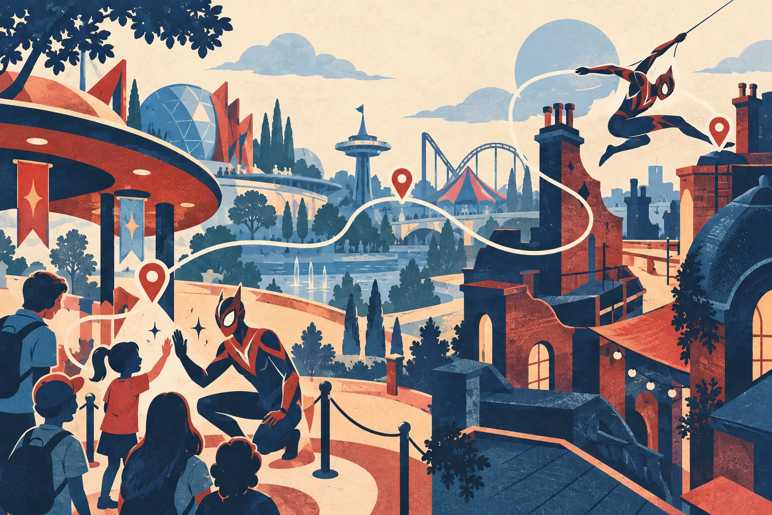 Ilustración conceptual generada por IA: ¿Dónde conocer a Spider-Man en Disneyland Paris? No representa una escena real.