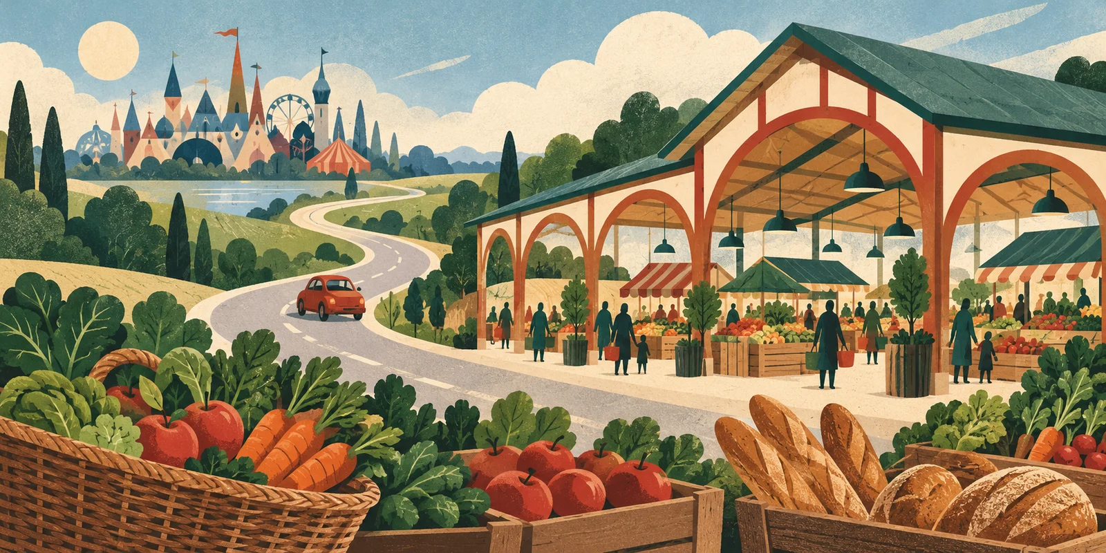Ilustración conceptual generada por IA: ¿Dónde hacer la compra cerca de Disneyland Paris? El Super U de Coupvray. No representa una escena real.