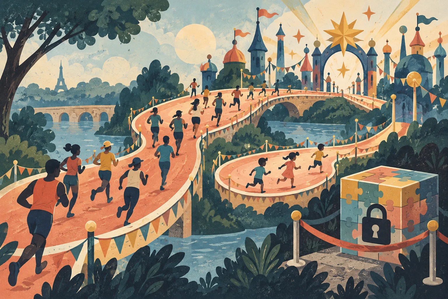 Ilustración conceptual generada por IA: ¿Se puede participar en una carrera en Disneyland Paris? No representa una escena real.