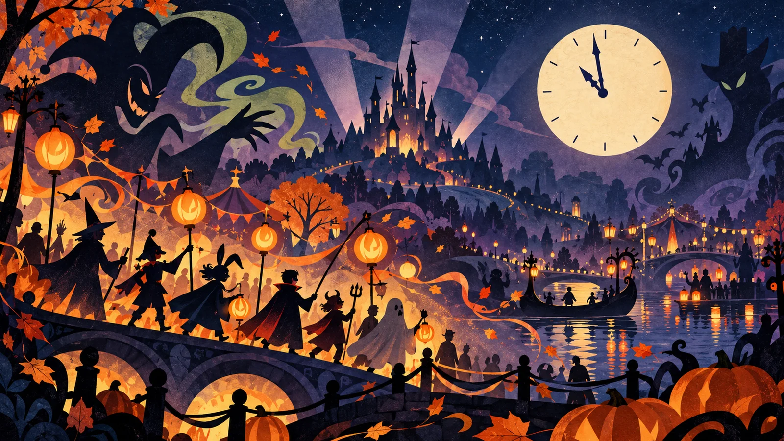 Illustration conceptuelle générée par IA : Halloween à Disneyland Paris : le 31 octobre, le parc joue les prolongations jusqu’à 23 h. Ne représente pas une scène réelle.