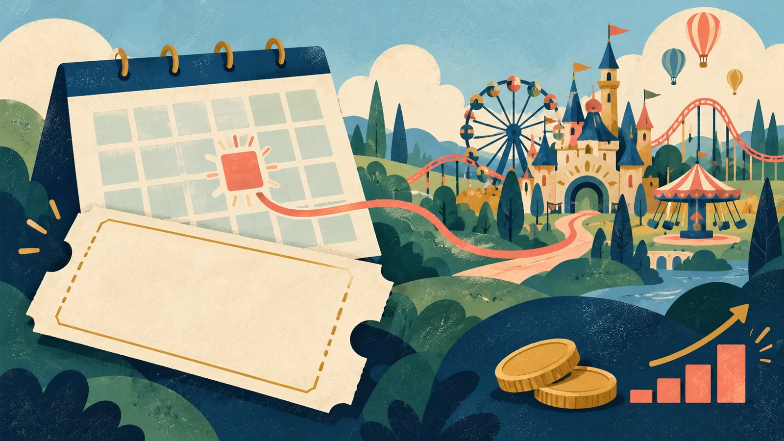 Ilustración conceptual generada por IA: Entrada Bon Plan de Disneyland Paris por 51 €: elegir bien la fecha sigue marcando la diferencia. No representa una escena real.