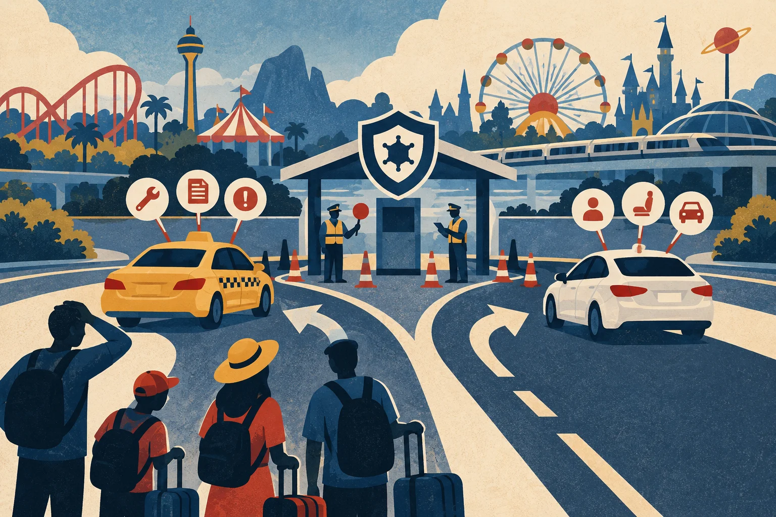 KI-generierte konzeptionelle Illustration: Disneyland Paris: Taxis und VTC, muss man sich wegen der Fahrt Sorgen machen? Sie zeigt keine reale Szene.