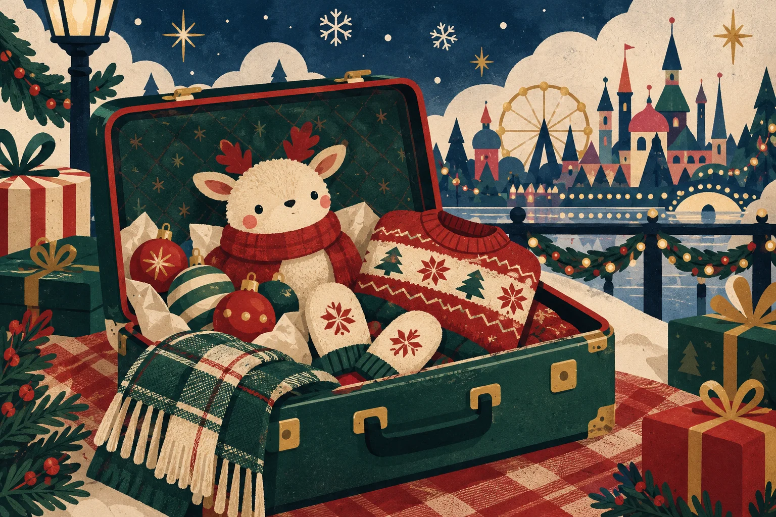 Illustrazione concettuale generata dall’IA: Natale a Disneyland Paris, regali da mettere in valigia (e dove trovarli). Non rappresenta una scena reale.