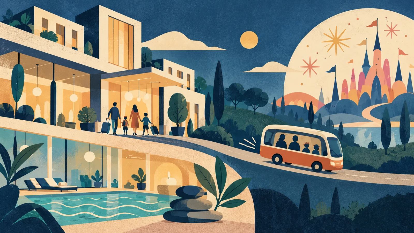 Ilustración conceptual generada por IA: Abre un nuevo Crowne Plaza cerca de Disneyland Paris: así cambia tu estancia. No representa una escena real.