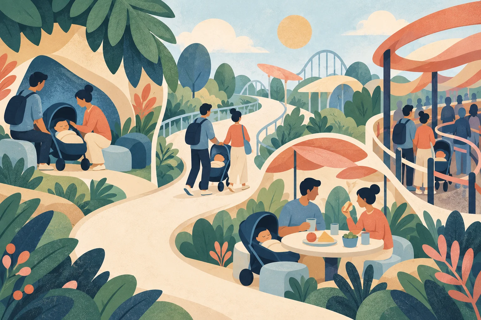 Illustration conceptuelle générée par IA : Disneyland Paris avec un bébé : les astuces qui changent la journée. Ne représente pas une scène réelle.