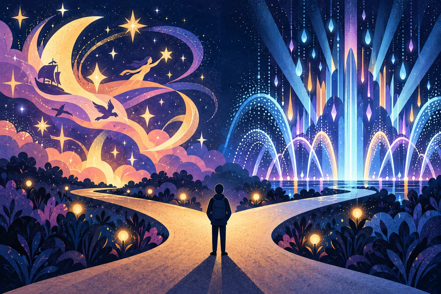 KI-generierte konzeptionelle Illustration: Disneyland Paris: Welche Abendshow sollten Sie wählen? Stellt keine reale Szene dar.