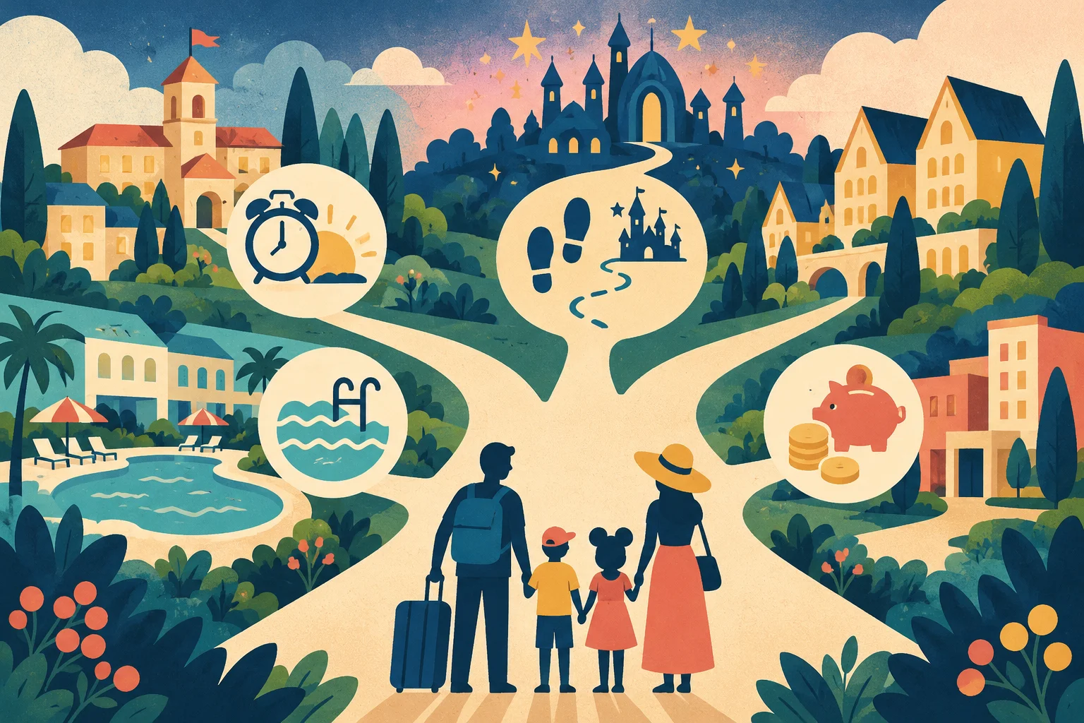 Ilustración conceptual generada por IA: ¿Qué hotel elegir en Disneyland Paris en 2026? La mejor opción para tu estancia. No representa una escena real.